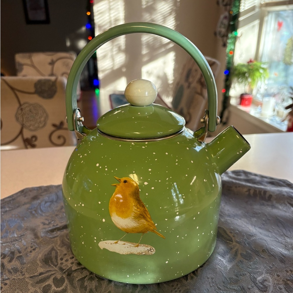 Vintage Marjulein Bastin Snow Green Speckled Enamel Tea Kettle - Picture 2 of 10